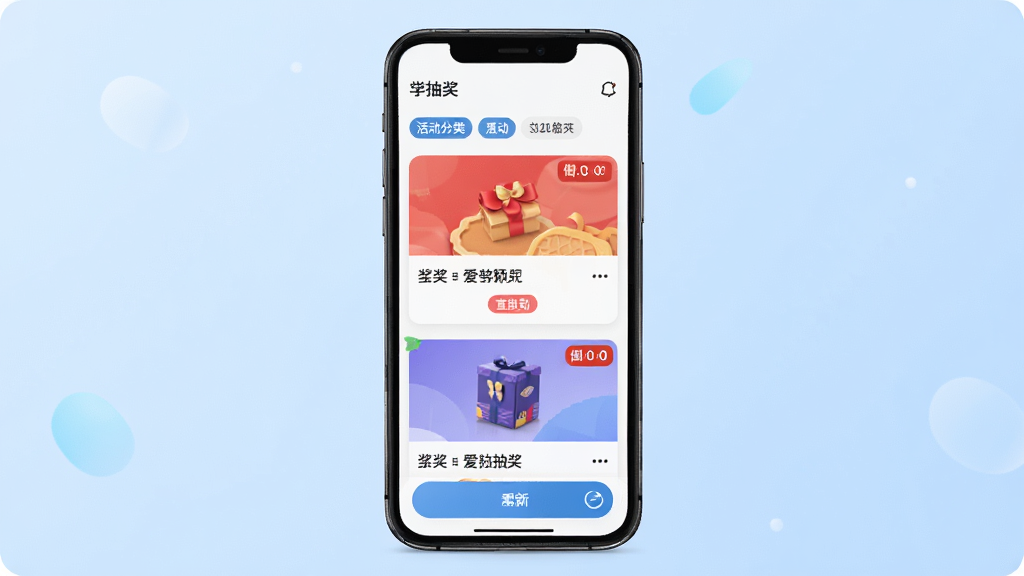 ���齱Ӧ�ý���չʾ��ۺ��б��������������ֻ���Ļ����Ļ����ʾ����齱���Ƭ����Ƭ���н�ƷͼƬ�͵���ʱ��ǩ������Ϊǳ��ɫ���䣬��������죬ϸ�ڰ���������ǩ��ˢ�°�ť�����������ɾ����޶���Ԫ��