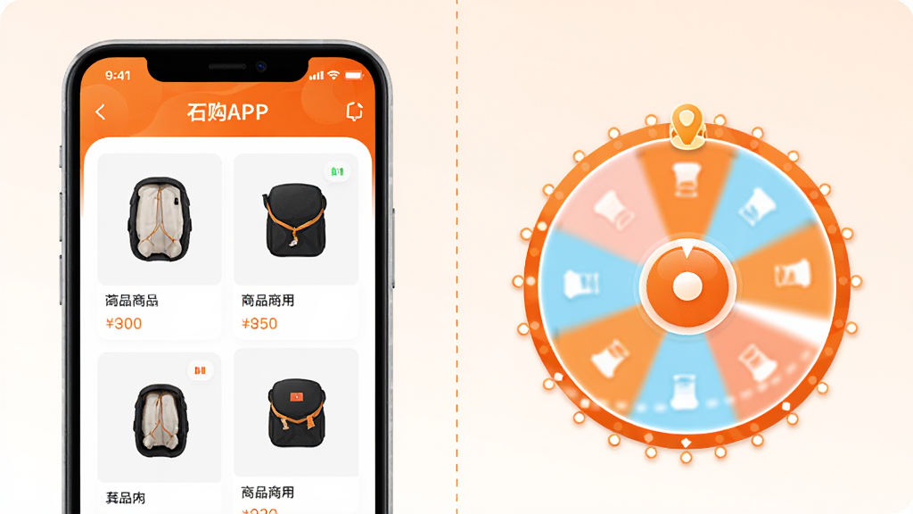 ʯ��APP����չʾͼ�������Ϊ���������֣����չʾ��Ʒ������棬�Ҳ�չʾ�齱ת�̶���Ч�����м������߷ָ���������ɫ�Գ�ɫ�Ͱ�ɫΪ��������Ԫ�������ɼ����ֻ��߿�Բ�󣬱���Ϊǳɫ���䣬���ʸɾ��������޶���װ��