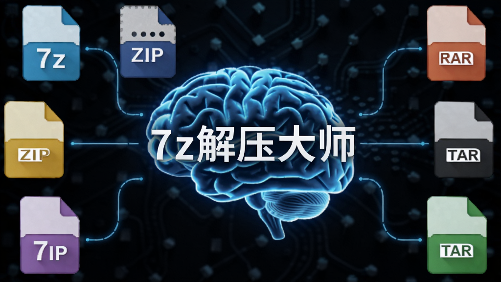 һ����������ִ��������Ÿ��ֲ�ͬ��״����ɫ��ѹ����ͼ�꣬ͼ���Ϸֱ�д�š�7z������ZIP������RAR������TAR��������Ϊ��ɫ�Ƽ������������С�7z��ѹ��ʦ��������������ִ��������������ɾ��޶���Ԫ�ء�