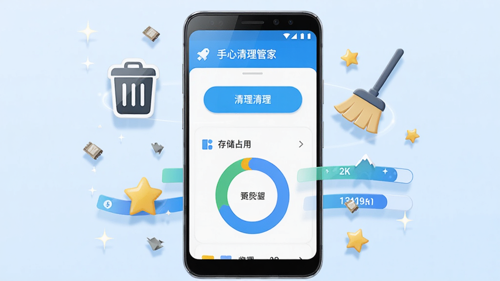 ��������չʾһ����׿�ֻ����ֻ���Ļ��ʾ���������ܼ�APP�����棬��������������ť�ʹ洢ռ�û���ͼ���ֻ���Χ����������Ͱͼ�ꡢɨ��ͼ�ꡢ���������Ǻ��ͷſռ��������������Ϊǳ��ɫ���䣬����Ϊ���й�ͼ�����Ϊ��ƽ���Ƽ��廭��ϸ�ڰ����ֻ���Ե�Ĺ���ͼ��ͶӰ��Ư���Ļ�����Ƭ���ӣ�����Ϊ����2K���ɾ����޶���Ԫ��