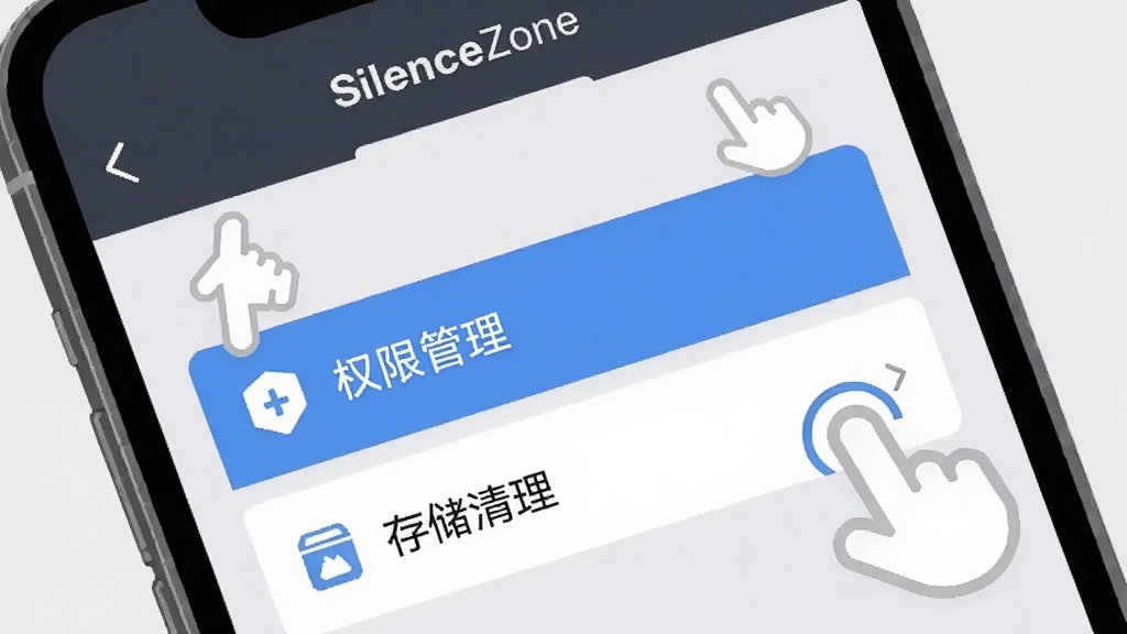 ����Ϊ�ֻ���Ļ��д����ʾ��SilenceZone�����ý��棬�����и�����ʾ��Ȩ�޹������͡��洢������ѡ���Χ����ָ�����ͼ�꣬����Ϊǳ��ɫ�����Ϊ��ƽ�� UI ʾ��ͼ��ϸ�����������ʸɾ����޶���Ԫ�ء�