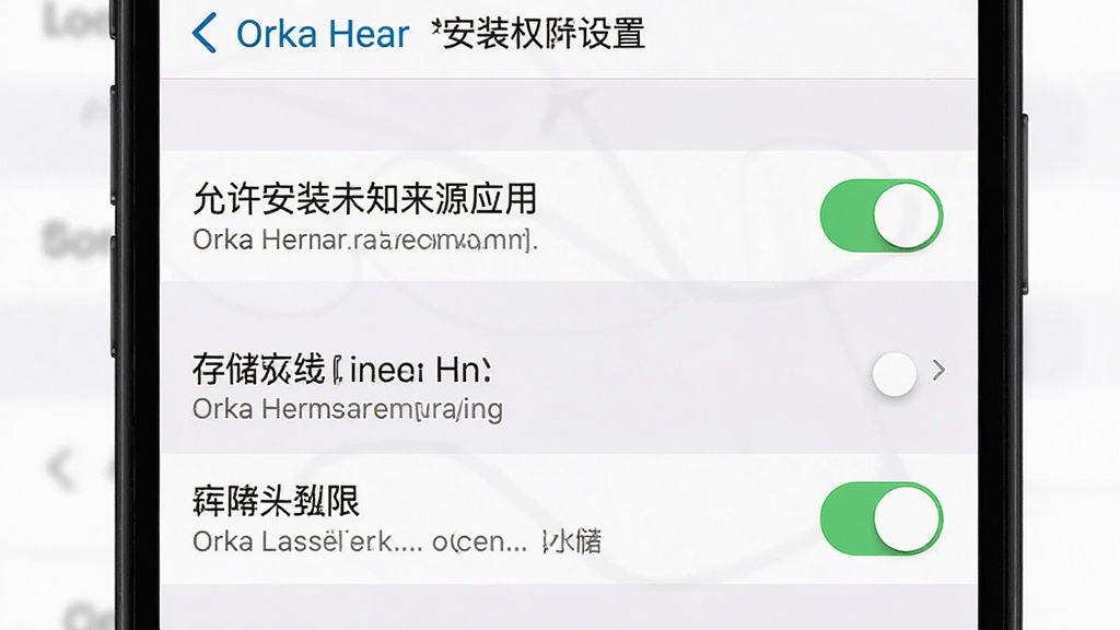 һ��չʾ Orka Hear ��װȨ�����õ�ͼƬ������Ϊ�ֻ����ý��棬��Ļ����ʾ��������װδ֪��ԴӦ�á����غʹ洢Ȩ��ѡ��������ֱ�ۣ�ϸ�ڰ���Ȩ��˵�����ֺͿ���״̬�����������ɾ����޶���Ԫ��