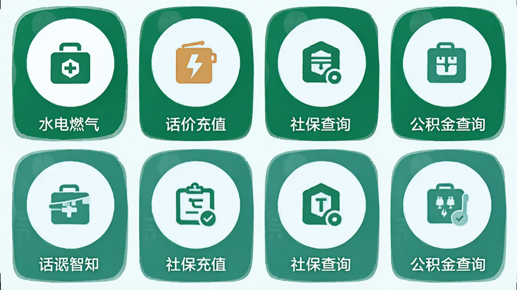 ����������ɷѹ��ܽ��棬�ֻ���Ļ��ʾˮ��ȼ�������ѳ�ֵ���籣��ѯ���������ѯ��Բ��ͼ�갴ť���г�����ÿ��ͼ���·������ֱ�ǩ����ɫ�������̺�ǳ��Ϊ���������ɾ������ͳһ����ƽ����ƣ����廭�ʣ��ʺ�Ӧ���̵��ͼ