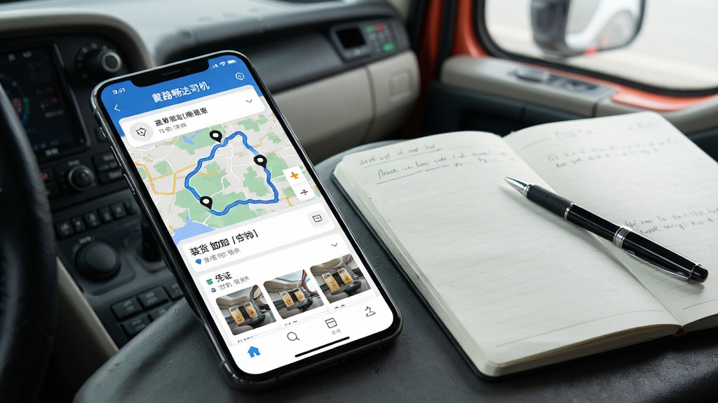 AI��ͼ��ʾ�ʣ�һ��չʾ����·����˾����APP�˵��������ܵĳ���ͼ�������������ֻ���Ļ����Ļ��ʾ�˵�����ҳ��������ͼ�켣��װ��/ж��ʱ��ڵ㡢ƾ֤��Ƭ����ͼ���ֻ��Ա߷���һ���ʼǱ���һ֧�ʣ������ǿ�����ʻ���ڲ�һ�ǡ�����Ϊ�ֻ�б�ţ��ʼǱ����ԡ����Ϊдʵ���������磬������ͣ������������޶���װ�Ρ�