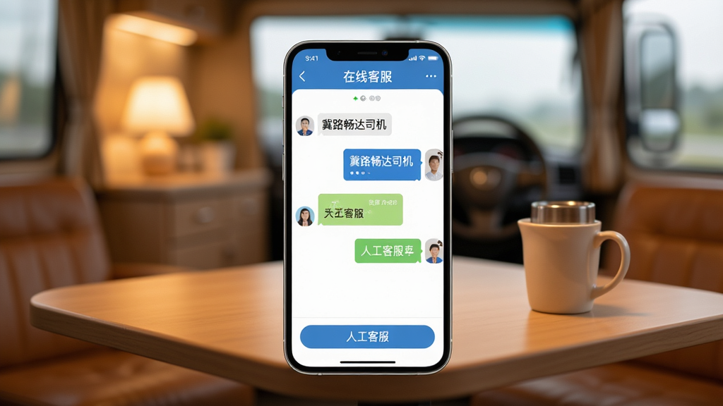 AI��ͼ��ʾ�ʣ�һ��չʾ����·����˾����APP�ͷ�֧�ֹ��ܵĳ���ͼ�������������ֻ���Ļ����Ļ��ʾ���߿ͷ�������棬�жԻ����ݺ͡��˹��ͷ�����ť���ֻ���������ܰ��˾����Ϣ�ң������Ӻ�ˮ��������Ϊ�ֻ����У���������黯�����Ϊ��ů����磬ɫ����ͣ����ʸ��壬�޶���Ԫ�ء�