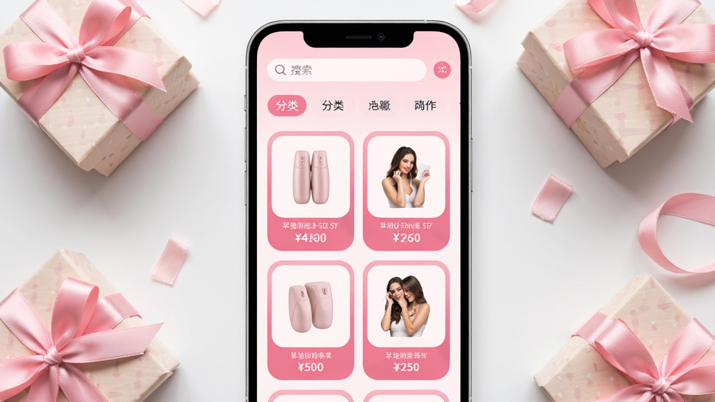 һ�ŷ�ɫ������ȤAPP�����̳ǵĽ���չʾͼ���ֻ���Ļ��ʾ��Ʒ�б�ҳ�棬��Ʒ��Ƭ�Է�ɫԲ�Ǿ��γ��֣�������Ʒ����ͼ�ͼ۸��ǩ��ҳ�涥�����������ͷ����ǩ������Ϊǳ��ɫ���ֻ���Χ��׺�ž��µ���Ʒ�кͷ�ɫ˿��Ԫ�أ��������������£����ʸ��壬��������