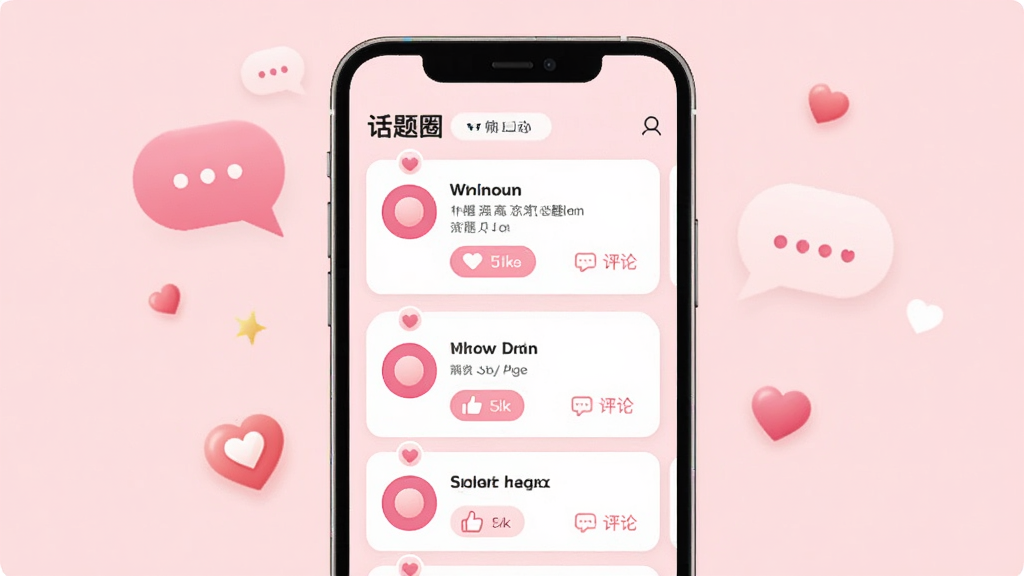 һ�ŷ�ɫ������ȤAPP�����������ܵĽ���ͼ���ֻ���Ļ��ʾ����Ȧҳ�棬���������ɫԲ��ͷ����û���̬��Ƭ���е��޺����۰�ť������Ϊǳ��ɫ���ֻ���Χ�жԻ����ݺͰ���ͼ��װ�Σ������������ů�����ʸ��壬�Ű�����