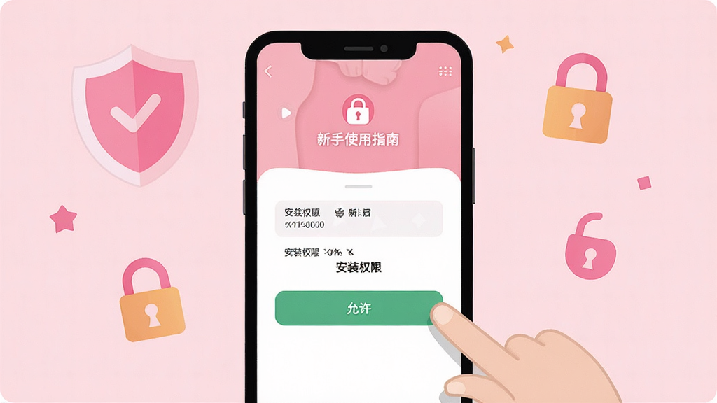һ�ŷ�ɫ������ȤAPP����ʹ��ָ�ϵ�ʾ��ͼ��������һ���ֻ���Ļ��ʾ��װȨ�����ý��棬�Ա�����ָ�������������ť�Ķ���ʾ�⣬����Ϊǳ��ɫ����Χ�ж��ƺͰ�ȫ��ͼ�꣬�����������ˣ������������޶���Ԫ��