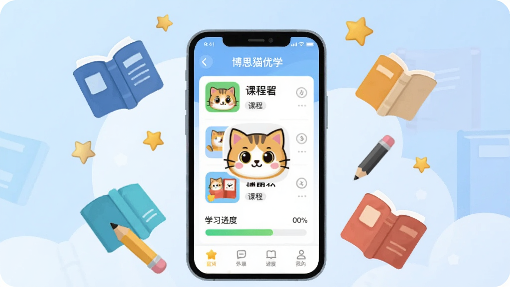 һ��չʾ�ƶ�ѧϰ�����Ĳ廭������������һ�������ֻ����ֻ���Ļ����ʾ�Ų�˼è��ѧ��Ӧ�ý��棬�����ڰ����γ��б���ѧϰ��������һֻ�ɰ��Ŀ�ͨèͷͼ�ꡣ�ֻ���Χ������Ư�����鱾��Ǧ�ʺ����ǵ�ѧϰԪ�ء����岼�ֲ������Ĺ�ͼ������Ϊ��͵�ǳ��ɫ���䡣���Ϊ��ƽ����ͨ�廭��ϸ�ڷḻ��ɫ�������ɾ��������������޶�������Ԫ�ء�