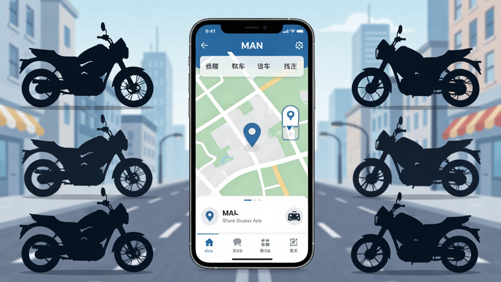 ����������չʾ�������������һ̨�����ֻ�����Ļ��ʾMAN����Ħ��APP�ĵ�ͼ�ҳ�ҳ�棬��Χ���ƶ�����ͬ��ʽ��Ħ�г���Ӱ������Ϊ���нֵ����������ֲ��þ��й�ͼ�����Ϊ��ƽ���Ƽ��廭�磬ϸ�ڰ����ֻ�UIԪ�ء�Ħ�г���������ͼ��λͼ�꣬���������ɾ��޶���Ԫ��