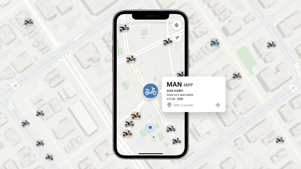 MAN����Ħ��APP��ͼ�ҳ����棬��������Ϊ�ֻ���Ļ�еĳ��е�ͼ����ͼ�ϱ�ע���Ħ�г�ͼ�꣬����һ��ͼ�걻�Ŵ�չʾ������Ϣ��Ƭ������Ϊǳɫ���н�������ͼ������Ϊ�ֻ�����չʾ�����Ϊ�ִ���ƽ��UI��ƣ�ϸ�ڰ�����ͼ��·��������λ��ꡢ������Ϣ���㣬���ʸ���ɾ��޶���Ԫ��