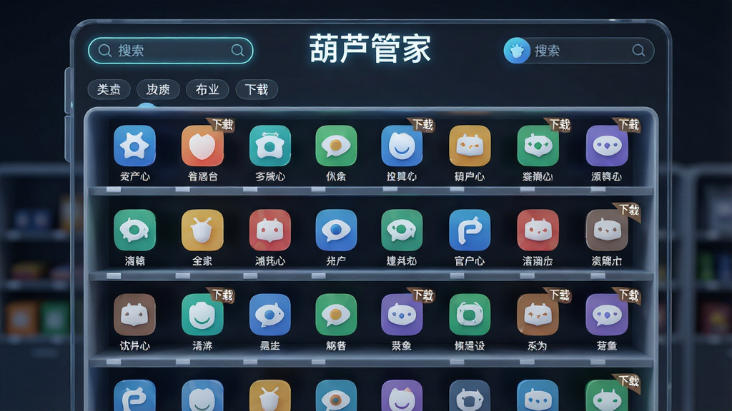 һ��չʾӦ���г���Դ���AI��ͼ������������һ�������Ӧ�û��ܣ����������������Ÿ�����ɫ��Ӧ��ͼ�꣬ÿ��ͼ���·��м�̵����Ʊ�ǩ�����������Ϸ��С���«�ܼҡ����������ֲ������񻯳��У����Ϊ�ִ���Լ�Ƽ��У�ϸ�ڰ�������������򡢷����ǩ���������Ǳ꣬���ʸ��壬�ɾ����޶���Ԫ��