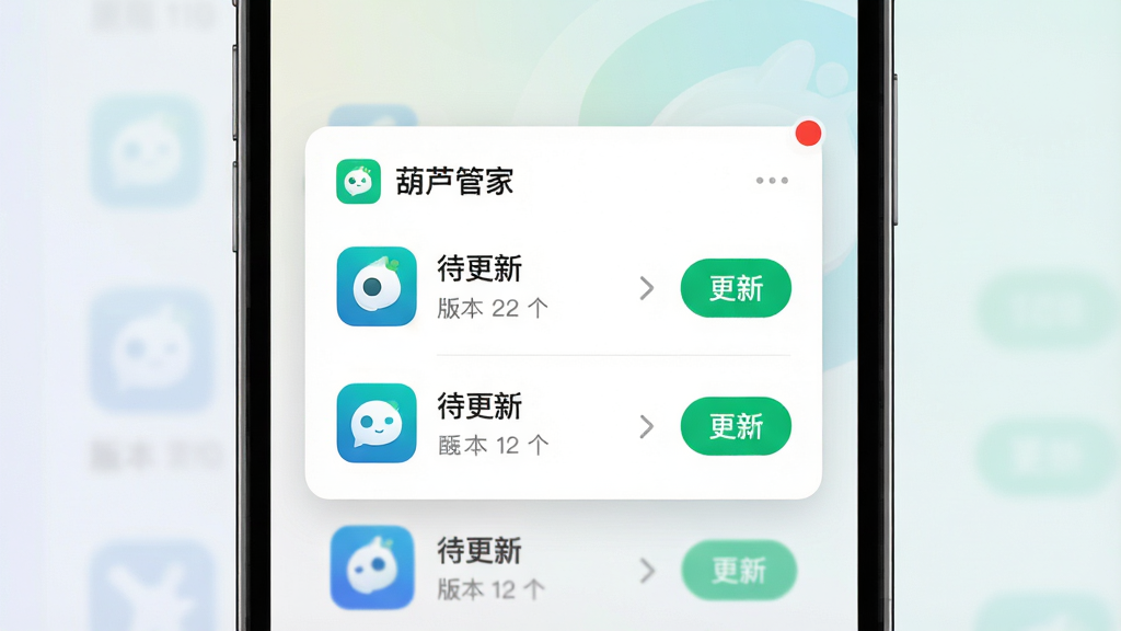 һ��չʾӦ�ø������ѹ��ܵ���ͼ������������һ���ֻ���Ļ����Ļ�ϵ�������«�ܼҡ��ĸ�����ʾ��Ƭ����Ƭ�����ж��������Ӧ��ͼ��͸��°�ť������Ϊǳɫ���䣬���Ϊ��ˬ���ƶ��˽�����ƣ�ϸ�ڰ����汾�ű�ǩ�����¼�ͷ��֪ͨ��㣬�����������ɾ����޶���Ԫ��