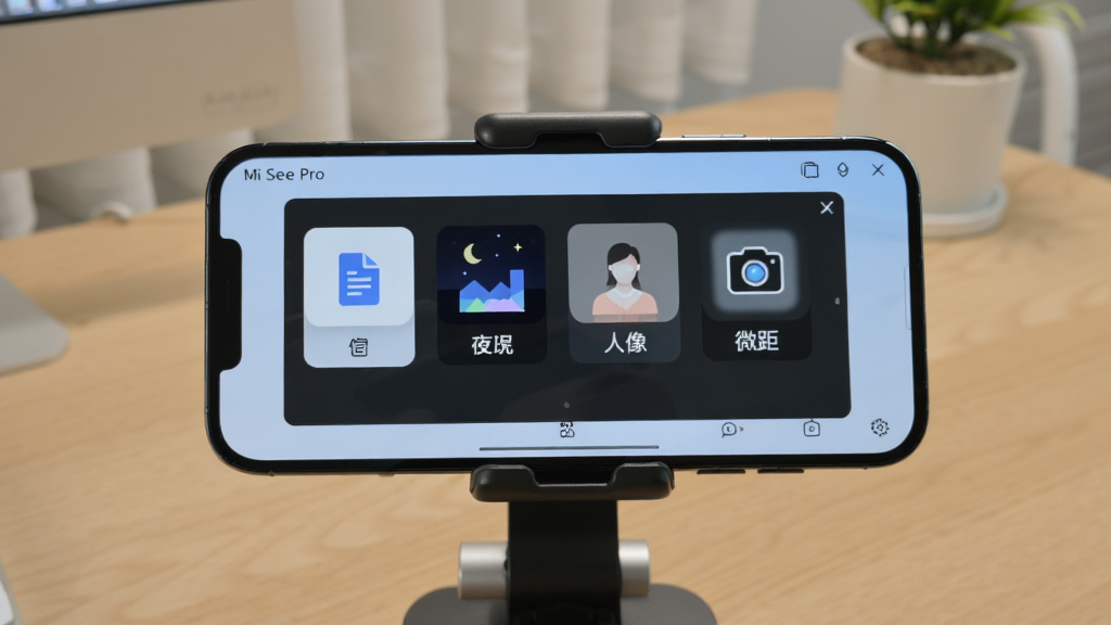 Mi See Pro��������չʾģʽѡ����壬������������ĵ���ҹ��������΢���ͼ�갴ť���ֻ�������֧���ϣ��������������棬��Ļ����������⣬��Χ������࣬���ʸɾ����޶���Ԫ��