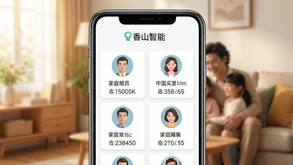 ��ɽ����App��ͥ��Ա�������棬����չʾ�ֻ���Ļ�ڶ���û�ͷ��Ƭ���У�ÿ����Ƭ��ע��ͥ��Ա�ǳ�������������ݣ���Ļ�Ϸ���