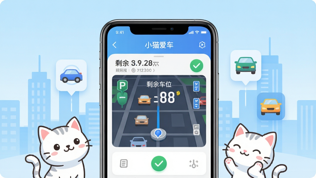 һ��չʾ��Сè�������ֻ�APP������Ĳ�ƷԤ��ͼ������������һ���ִ������ֻ�����Ļ����ʾ��ͣ����ͼ������ʣ�೵λ���֣���Χ�����ſ�ͨ���İ�ɫСè�����������ͼ�꣬������ǳ��ɫ�����������ߣ����ּ�����죬������¿Ƽ��У�ϸ�ڰ���ͣ������ʶ��֧���ɹ��Թ�ͼ�꣬���ʸ��壬�ɾ����޶���Ԫ�ء�