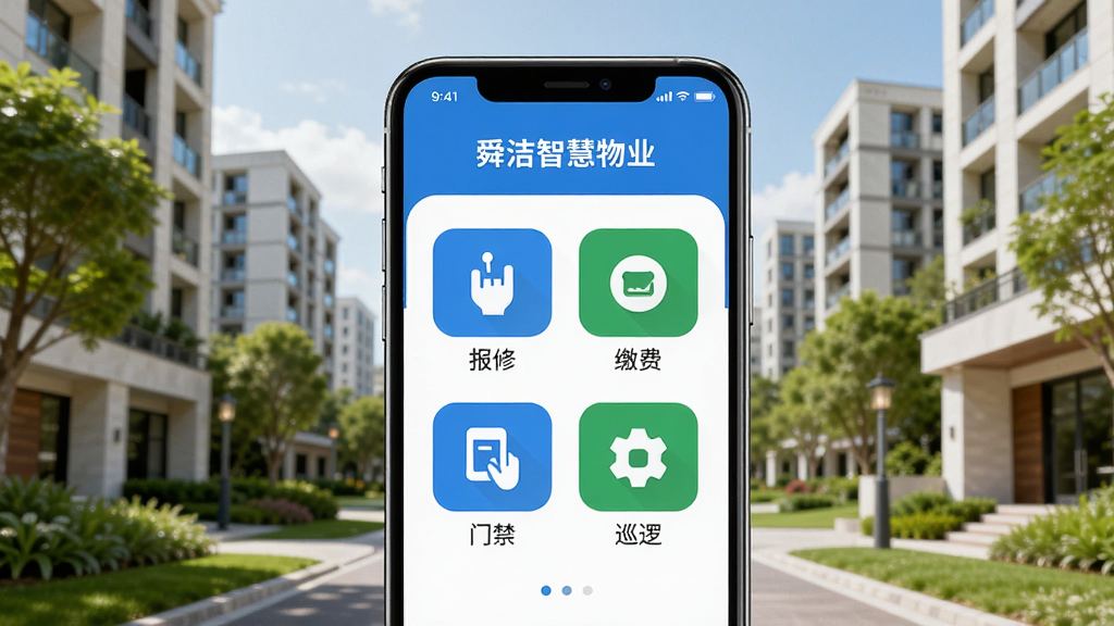 ����������һ�������ֻ�����Ļ����ʾ�š�˴���ǻ���ҵ����APP���棬����������ޡ��ɷѡ��Ž���Ѳ�ߵȹ���ͼ�꣬�������ִ���סլС������������¥����Ϊ��ƽ���Ƽ��У�ϸ�����������ʸ��壬�ɾ��޶���Ԫ��