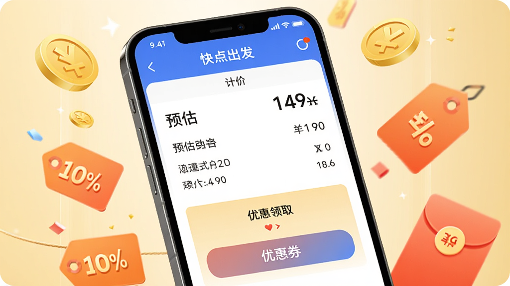 ����չʾ������APP�ļƼ����Ż�ҳ�棬�ֻ���Ļ��ʾԤ���۸���ϸ���Ż�ȯ��ȡ��ť����Χ�����Ž�ҡ��ۿ۱�ǩ�ͺ��Ԫ�ء�����Ϊǳ��ɫ���䣬���Ϊ��������⣬ɫ�������������������޶���Ԫ�ء�