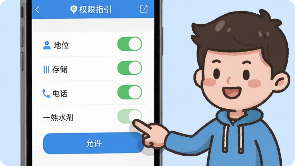 ����չʾ������APP��Ȩ�����ý��棬�ֻ���Ļ��ʾ��λ���洢���绰��Ȩ�޿��أ��Ա���һλ��ͨ�������ڵ������������ť������Ϊǳ��ɫ�����Ϊ�̳�ָ�����⣬���ּ�࣬�����������޶���Ԫ�ء�