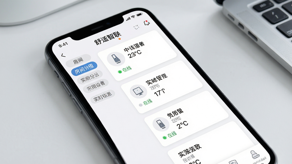 �����������豸��������չʾͼ����������Ϊһ���ֻ���Ļ����Ļ�ڳ�����������APP���豸�б�ҳ�����Ϊ��������ǩ���Ҳ�Ϊ�豸��Ƭ�б���ÿ�ſ�Ƭ��ʾ�豸���ơ�����״̬��ʵʱ�¶ȣ�����Ϊ����ɫ�칫���棬���Ϊ��ƽ��UI��ƣ��Ű���������ϸ�ھ��£����ʸɾ����޶���Ԫ��
