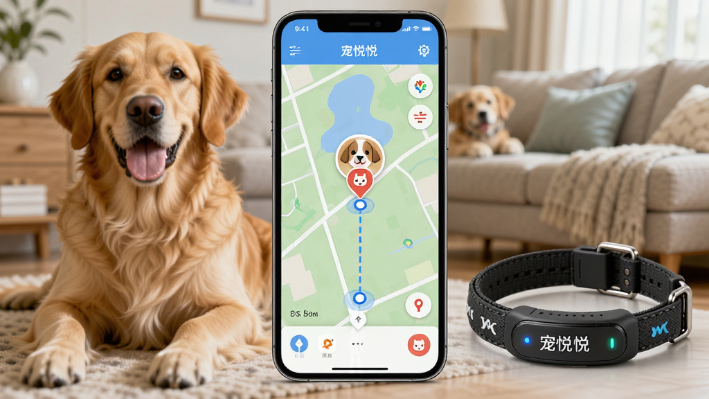 ��������չʾһ�������ֻ����ֻ���Ļ����ʾ������APP��ʵʱ��ͼ��λ���棬��ͼ������Ŀ�ĳ���ͷ���ǣ��ֻ��Ա߷���һ��������������Ȧ�豸����������ܰ�ļҾӻ�����һֻ��ëȮ�����岼�ֲ��þ��й�ͼ���ֻ�����Ȧ���ų��У����Ϊдʵ�Ƽ��磬ϸ�ڰ����ֻ���Ļ�ϵĶ�λ�켣�ߡ���Ȧ�ϵ�ָʾ�ơ�����ë���ʸУ����ʸ��壬�ɾ����࣬�޶���Ԫ��