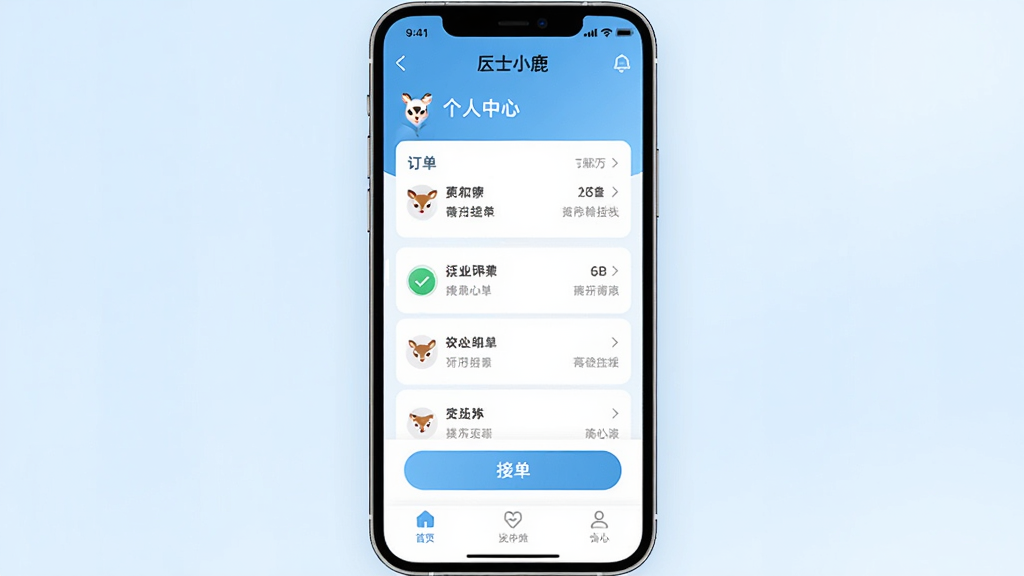 ��ʿС¹Ӧ��������չʾͼ�������������һ�������ֻ�����Ļ��ʾ��ʿС¹APP����ҳ���棬���������б����ӵ���ť���������ĵ�ģ�飬����Ϊ�ɾ���ǳ��ɫ���䣬������ִ���ϸ�����������ʸ��壬�ɾ��޶���Ԫ��