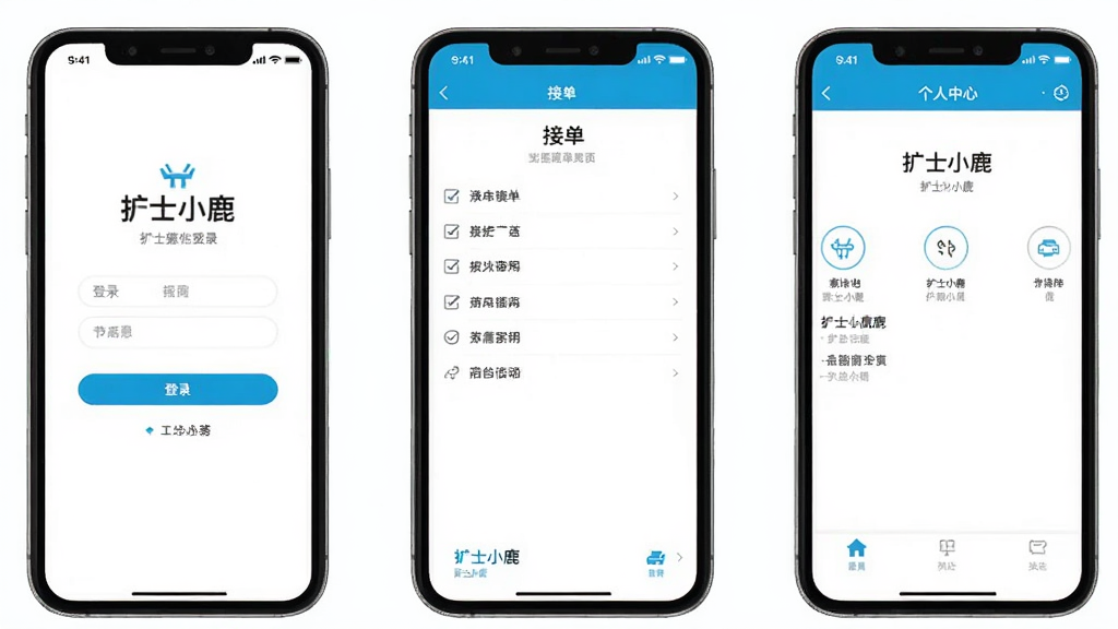��ʿС¹�ƶ��˲�������ϼ�չʾͼ������չʾ�����ֻ����ţ��ֱ���ʾ��ʿС¹�ĵ�¼ҳ���ӵ�ҳ����������ҳ������Ϊ�ɾ��İ�ɫ�����ͳһ��ϸ�����������ʸ��壬�ɾ��޶���Ԫ��