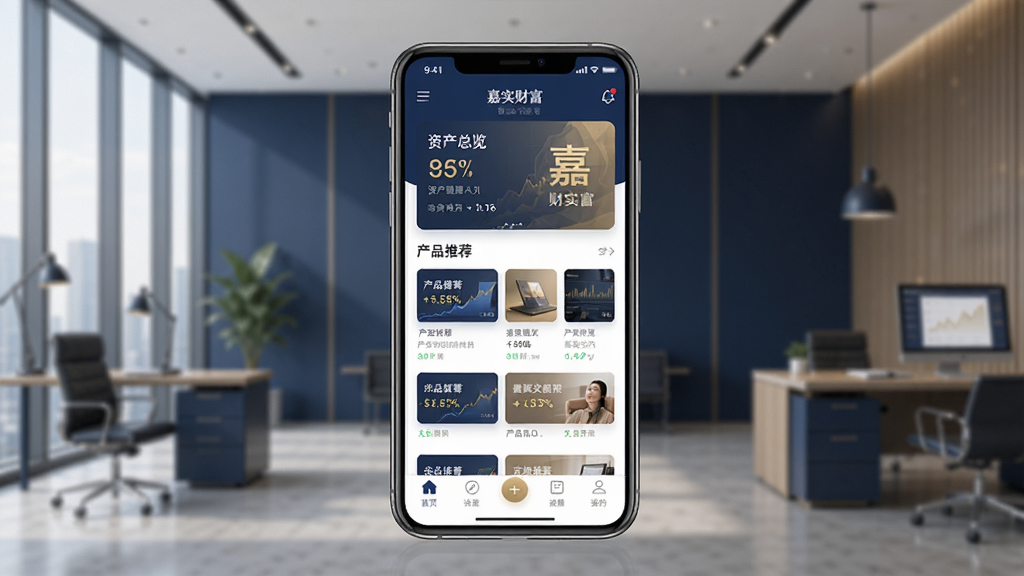 ��ʵ�Ƹ�App�ٷ�������չʾ������������һ�������ֻ�����Ļ����ʾ��ʵ�Ƹ�App����ҳ���棬�����ʲ�������Ƭ����Ʒ�Ƽ��б��͵ײ�������������Ϊ�ִ���Լ���Ľ��ڰ칫������ɫ���������ͽ�ɫΪ����ͻ��רҵ���Ƚ��У�����ɾ����࣬�޶���Ԫ�أ����廭��