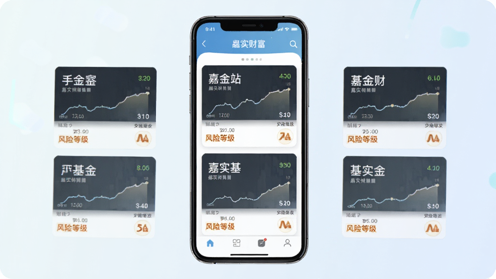 ��ʵ�Ƹ�App��Ʒ�б�ҳ��չʾ���������ֻ���Ļ��ʾ�������Ʒ��Ƭ��ÿ�ſ�Ƭ���в�Ʒ���ơ����������ߺͷ��յȼ���ʶ������Ϊǳɫ���䣬�������רҵ�����沼�����룬ͻ����Ʒ�ḻ�Ժ���Ϣ͸���ȣ����廭�ʣ��޶���װ��Ԫ��