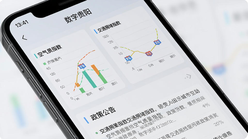 手机屏幕显示“数字贵阳”资讯查询页面,屏幕上展示贵阳城市数据图表如空气质量指数、交通拥堵指数、政策公告列表,背景为淡灰色数据面板风格,细节上图表清晰、文字可辨,画质高清干净无多余元素