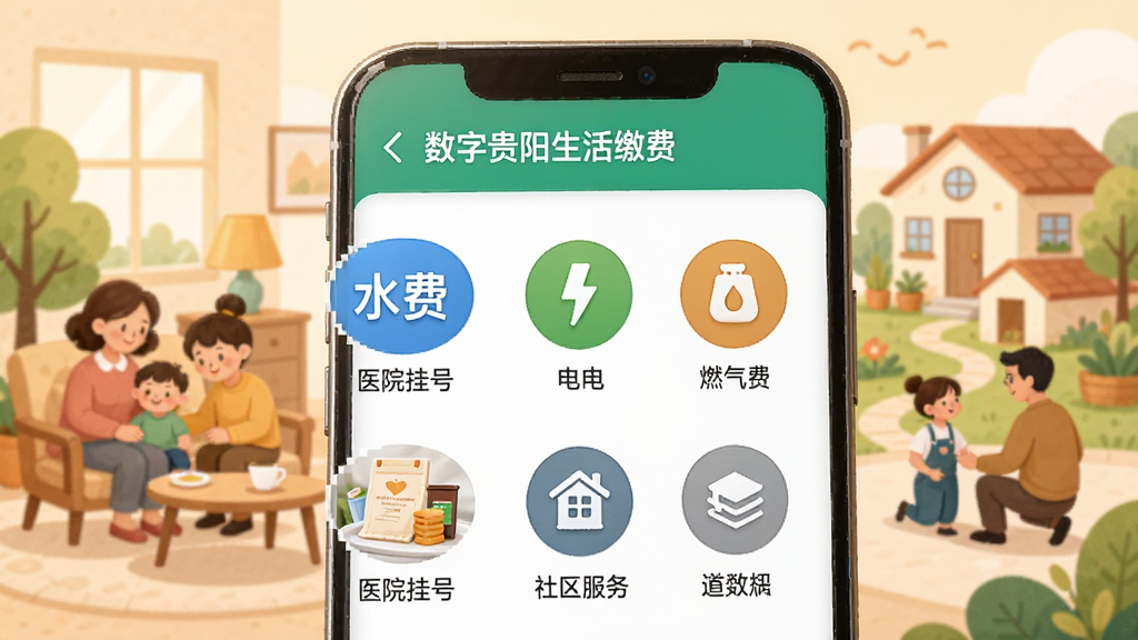 手机屏幕展示“数字贵阳”生活缴费页面,屏幕上排列水费、电费、燃气费、医院挂号、社区服务等圆形图标,背景为温暖的生活场景插画如家庭与社区,风格柔和亲切,细节上图标色彩统一、排列整齐,画质清晰干净无多余元素