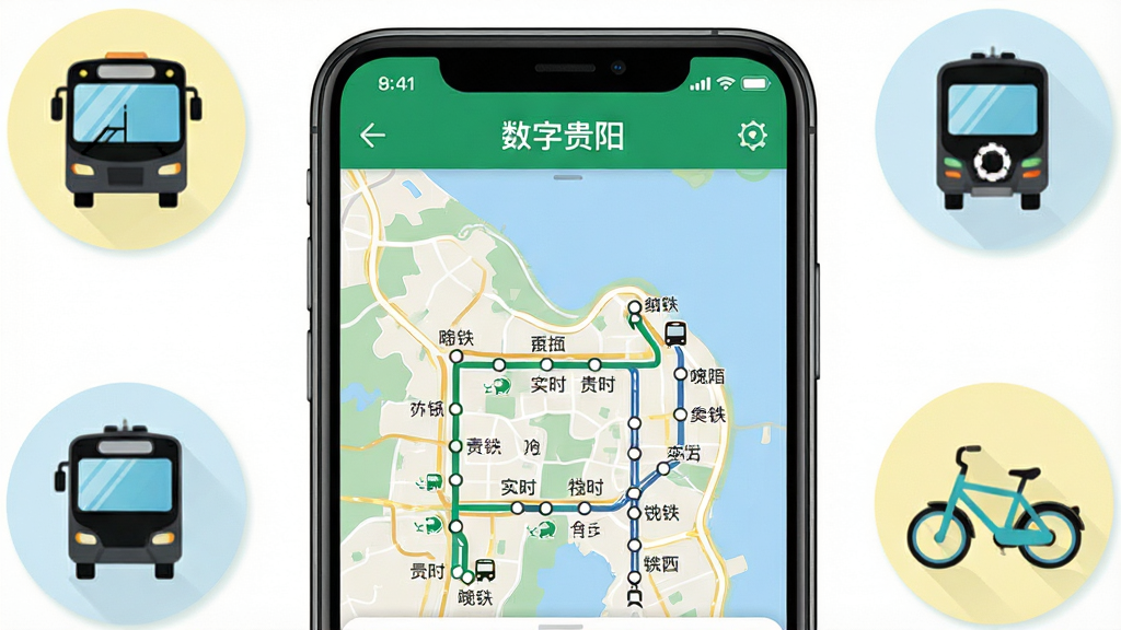 手机屏幕显示“数字贵阳”交通出行界面,屏幕中展示贵阳地图与实时公交线路、地铁站点标记,周围环绕公交车、地铁、共享单车图标,风格为清新地图插画,细节上路线清晰、站点标注明确,画质高清干净,无多余装饰