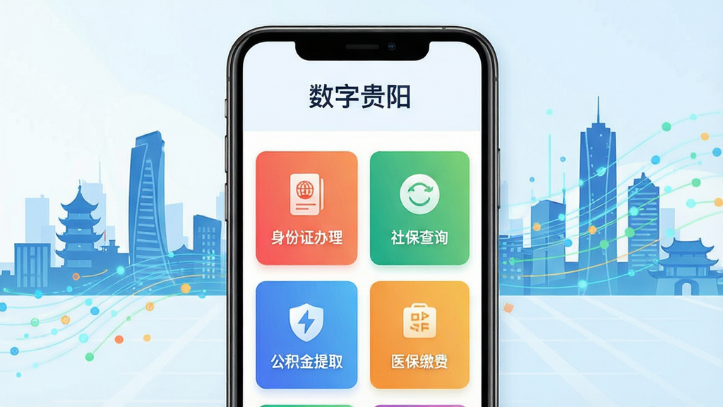 手机屏幕展示“数字贵阳”政务办事页面,页面上排列着身份证办理、社保查询、公积金提取、医保缴费等彩色功能卡片,背景为贵阳城市剪影与数据流动线条,风格为扁平化科技插画,细节上每个卡片带有小图标与文字标签,画质清晰明亮,干净无杂乱元素