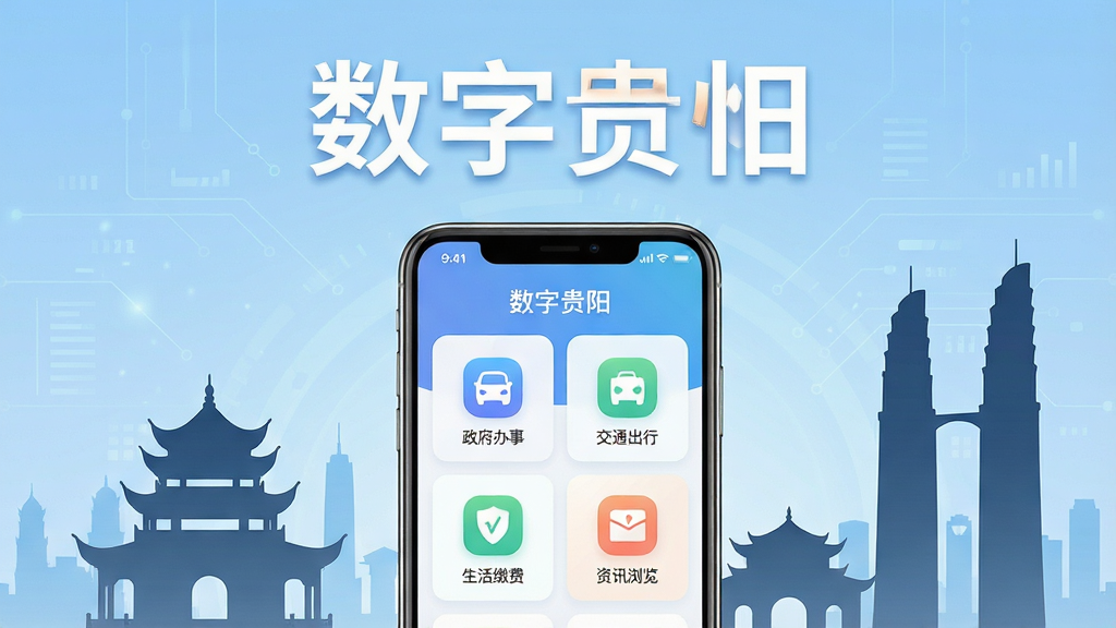 画面中央放置一部智能手机,手机屏幕显示“数字贵阳”应用首页界面,界面包含政务办事、交通出行、生活缴费、资讯浏览等模块图标,手机周围环绕贵阳地标建筑剪影如甲秀楼与花果园双子塔,背景为淡蓝色渐变科技风格,布局采用居中构图,上方留白放置“数字贵阳”四个大字,整体风格简洁现代科技感,细节上图标圆润清晰、色彩柔和,画质高清干净无多余元素