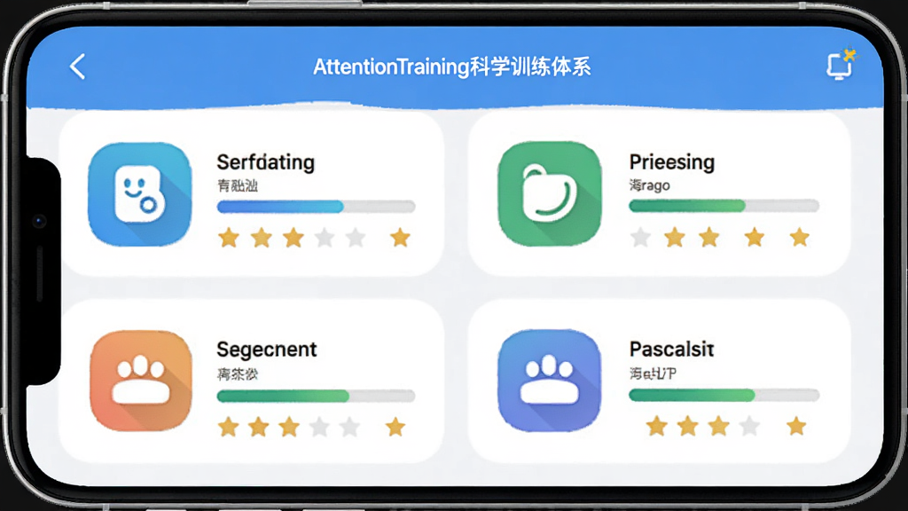 AttentionTraining��ѧѵ����ϵ���棬����Ϊ�ֻ���Ļչʾ�Ĵ�ѵ��ά��ͼ�����У�����Ϊ������������״���Ű�����Գƣ����Ϊ���½�����UI��ƣ�ϸ�ڰ�����ɫͼ�ꡢ���������Ǽ����֣����ʸ���ɾ��޶���Ԫ��