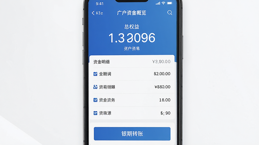 一张广发期货投资交易账户管理功能的AI生图,主体为手机屏幕显示账户资金概览页面,布局为竖屏手机居中,排版上方为总权益数字,中部为资金明细列表,下方为银期转账按钮,风格为简洁金融工具界面,细节包含数字字体清晰、图标简约、配色以蓝白为主,画质高清,干净,无多余元素