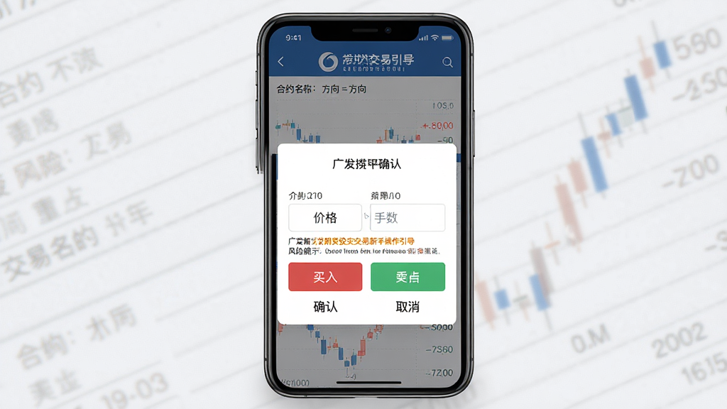 一张广发期货投资交易新手操作引导的AI生图,主体为手机屏幕显示交易下单确认弹窗,布局为竖屏手机居中,排版上方为合约名称与方向,中部为价格与手数输入框,下方为确认与取消按钮,风格为清晰易读的金融操作界面,细节包含红色买入按钮、绿色卖出按钮、风险提示文字,画质高清,干净,无多余元素