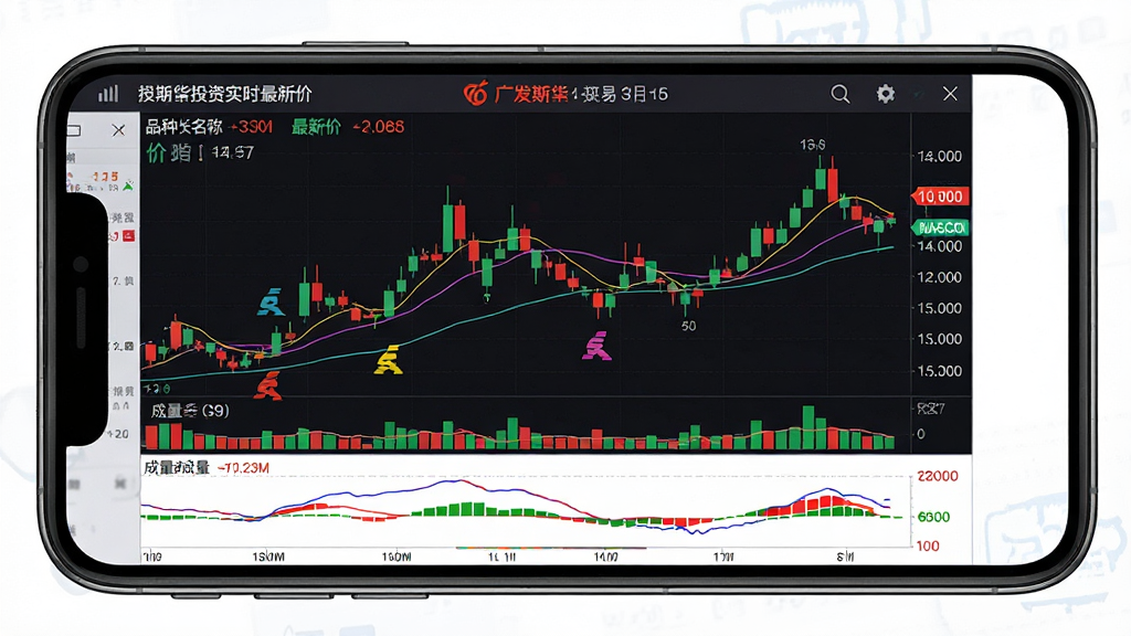 一张广发期货投资交易实时行情功能的AI生图,主体为手机屏幕显示期货K线走势图,布局为手机横屏展示,排版上方为品种名称与最新价,中部为红绿K线主图,下方为成交量副图,风格为专业金融数据界面,细节包含均线、MACD指标、买卖标记,画质高清,干净,无多余元素