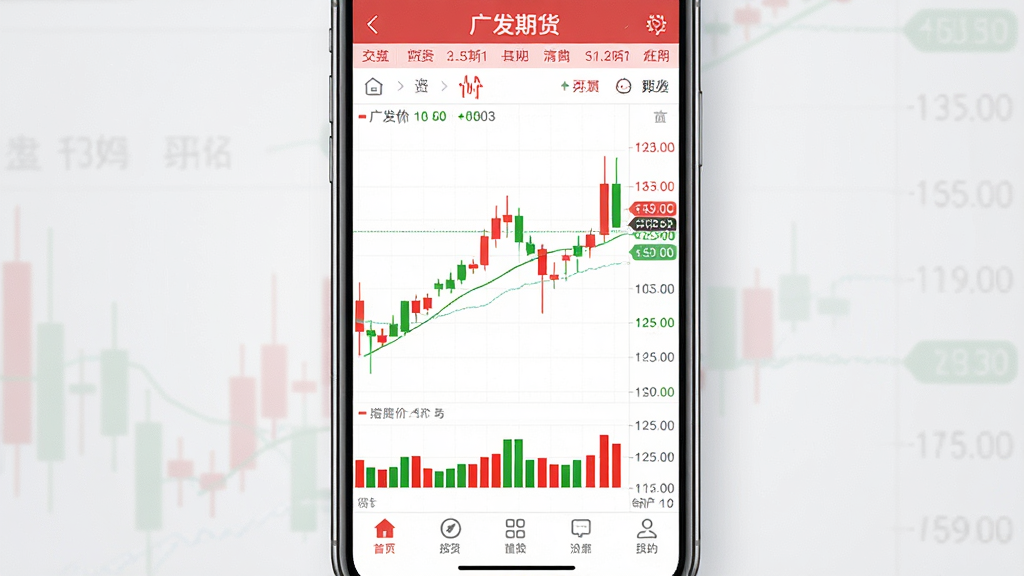 一张展示广发期货投资交易手机应用界面的预览图,主体是一部竖屏智能手机,屏幕中央显示广发期货投资交易APP的行情报价与K线图界面,布局为手机居中放置,背景为干净的浅灰色渐变,排版简洁大方,风格为现代金融科技感,细节包含K线红绿柱、买卖盘口数字、底部导航栏图标,画质高清,干净,无多余元素