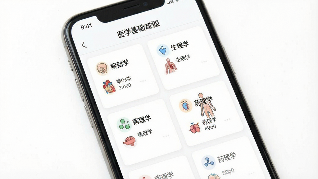 一张展示医学基础知识鸣题库海量题库分类界面的图片,主体是一台打开的手机应用界面,屏幕上显示着“解剖学”“生理学”“病理学”“药理学”等多个科目分类卡片,布局为卡片式网格排列,风格为清新简约风,细节上每个卡片带有小图标和题目数量标注,背景为纯白色,画质清晰,画面干净,无多余元素