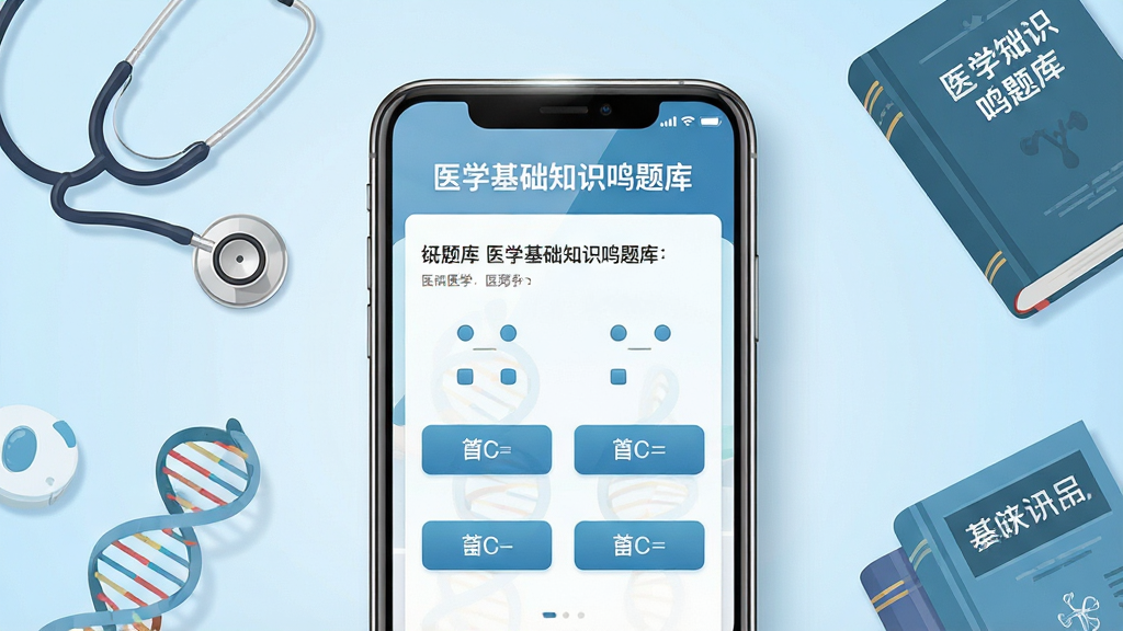 一张展示医学基础知识鸣题库手机应用界面的图片,主体是一部智能手机,屏幕上显示着医学题目和四个选项按钮,布局为手机居中放置,周围环绕着听诊器、医学书籍、DNA双螺旋结构等医学元素,排版简洁清晰,风格为现代扁平化科技风,细节上手机屏幕有光泽感,背景为淡蓝色渐变,画质高清,画面干净,无多余元素,手机屏幕内文字为“医学基础知识鸣题库”和一道选择题