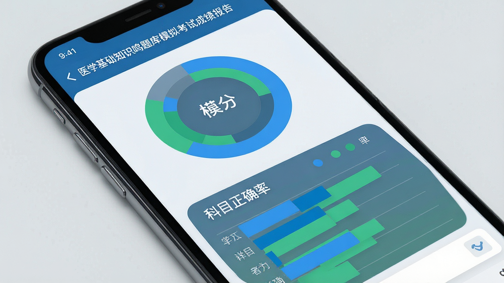 一张展示医学基础知识鸣题库模拟考试成绩报告界面的图片,主体是一部手机,屏幕上显示着环形得分图表、科目正确率条形图和“模拟考试”字样,布局为上下结构,风格为现代数据可视化风格,细节上图表颜色为蓝色和绿色搭配,背景为浅灰色,画质高清,画面干净,无多余元素