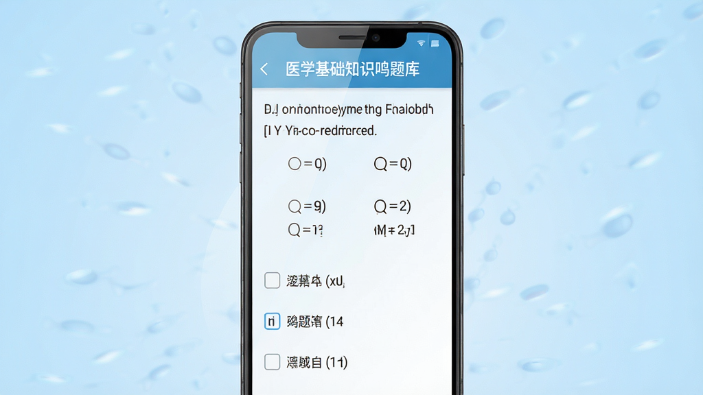 一张展示医学基础知识鸣题库在安卓手机上刷题界面的图片,主体是一部竖屏手机,屏幕上显示着一道医学选择题和四个选项,布局为手机居中,背景为淡蓝色渐变,风格为现代扁平化设计,细节上屏幕有轻微反光效果,画质高清,画面干净,无多余元素,手机屏幕内文字为“医学基础知识鸣题库”