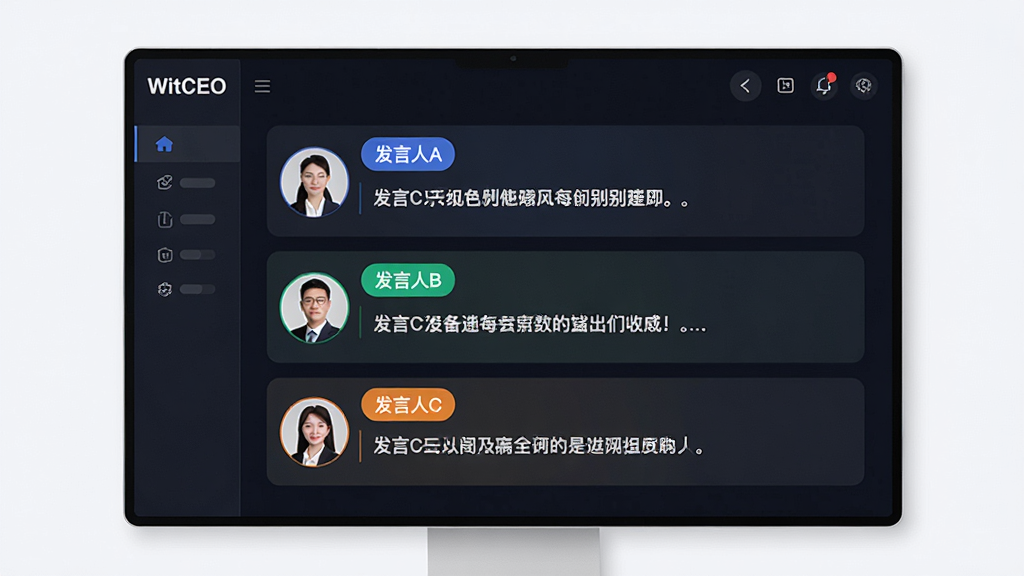 ����չʾ��WitCEO���෢����ʶ����棬��Ļ���ò�ͬ��ɫ��ǩ��ע��������A����������B����������C����ÿ����ǩ������Ӧ�������ݣ����ֲ��ÿ�Ƭʽ�б��������ˬ�ִ���ϸ��ͻ����ɫ�������ɫͷ�񣬻��ʸ��壬����ɾ����޶���Ԫ��