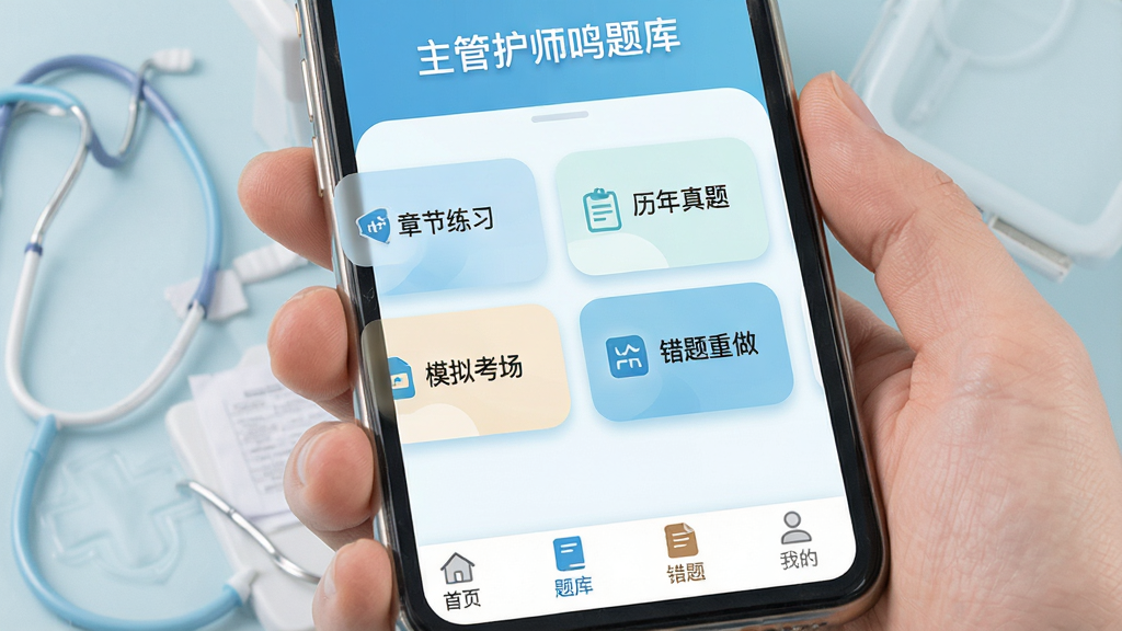 手机屏幕展示主管护师鸣题库应用主界面,界面顶部显示“主管护师鸣题库”字样,中间排列章节练习、历年真题、模拟考场、错题重做四个功能卡片,底部导航栏为首页、题库、错题、我的四个图标,背景为浅蓝色医疗风格,整体布局简洁清晰,风格为扁平化UI设计,细节包括圆角卡片和柔和阴影,画质高清,干净,无多余元素