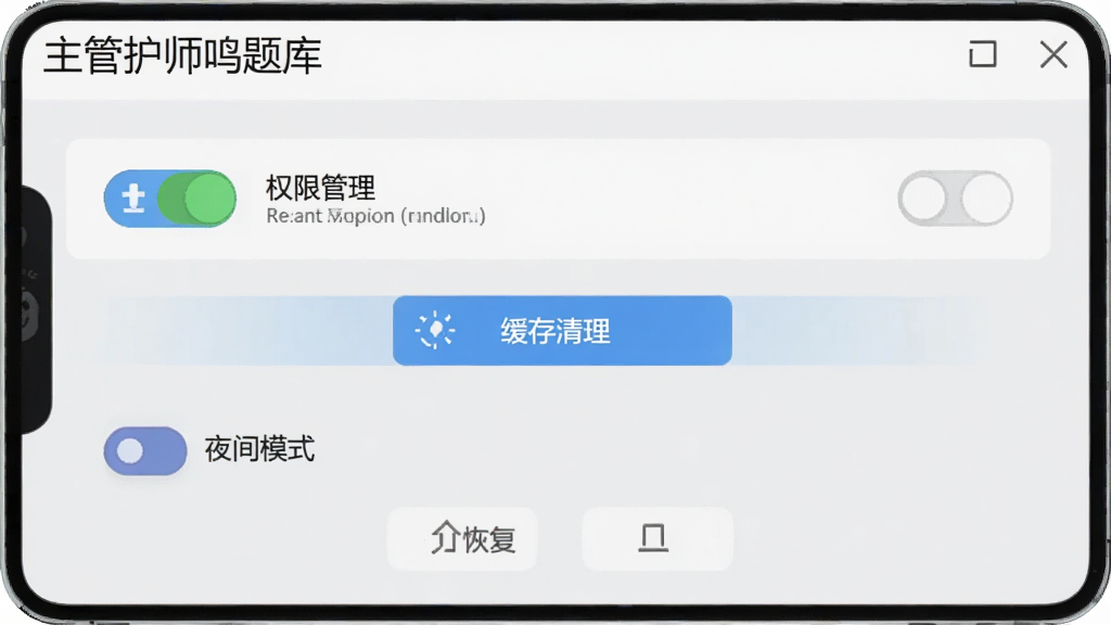 主管护师鸣题库新手设置界面,屏幕中显示“主管护师鸣题库”应用名称,界面包含权限管理开关、缓存清理按钮、夜间模式切换选项和备份恢复入口,背景为浅灰色,风格为简洁设置面板,细节包括图标和文字说明,画质清晰,干净,无多余元素