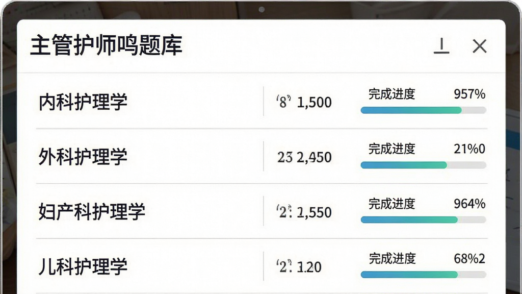 主管护师鸣题库章节练习界面截图,屏幕中显示“主管护师鸣题库”应用名称,下方列出内科护理学、外科护理学、妇产科护理学、儿科护理学等章节名称,每个章节右侧显示题目数量和完成进度条,背景为白色,文字为深灰色,风格为清爽学习类APP界面,细节包括细线分隔和百分比数字,画质清晰,干净,无多余元素