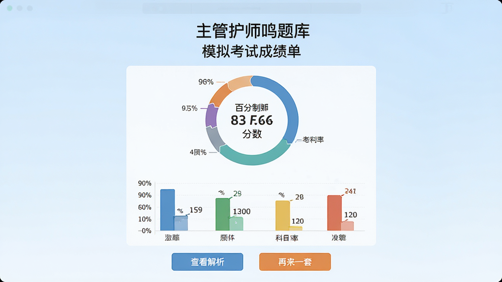 主管护师鸣题库模拟考试结果页面,屏幕顶部显示“主管护师鸣题库”和“模拟考试成绩单”字样,中间为环形分数图表和百分制分数,下方列出各科目得分率柱状图,底部有“查看解析”和“再来一套”按钮,背景为淡蓝色渐变,风格为数据可视化学习报告,细节包括数字标注和颜色区分,画质高清,干净,无多余元素