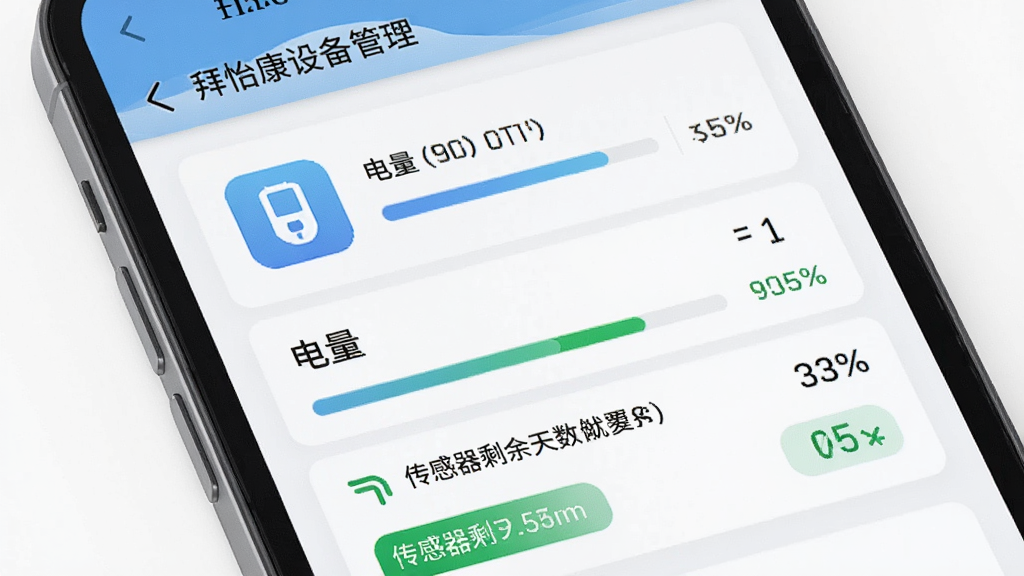 �������豸����ҳ�棬����չʾһ���ֻ���ʾѪ�����豸״̬��Ϣ�������������ź�ǿ�ȡ�������ʣ������������Ϊ�ֻ����棬�����������У�����Լʵ�ã�ϸ�ڰ����豸ͼ�ꡢ��������״̬��ǩ�����ʸ��壬�ɾ����޶���Ԫ��