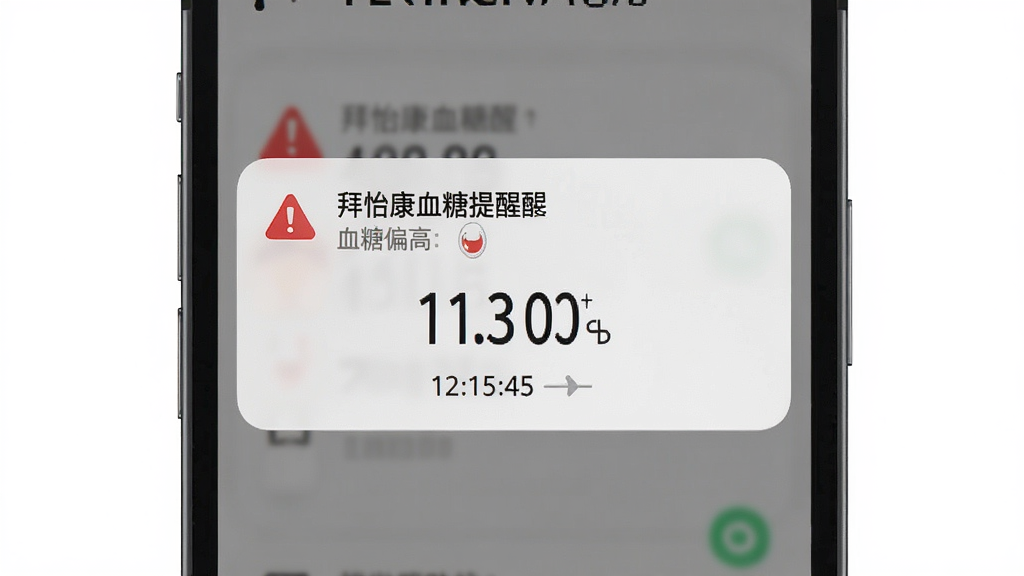 ������Ѫ�����ѹ��ܽ��棬����չʾһ���ֻ���������֪ͨ��֪ͨ������ʾѪ��ƫ�߾��棬����Ϊ�ֻ���Ļ�����־��У������������ϸ�ڰ�����ɫ��ʾͼ�ꡢѪ����ֵ��ʱ����Ϣ�����ʸ��壬�ɾ����޶���Ԫ��